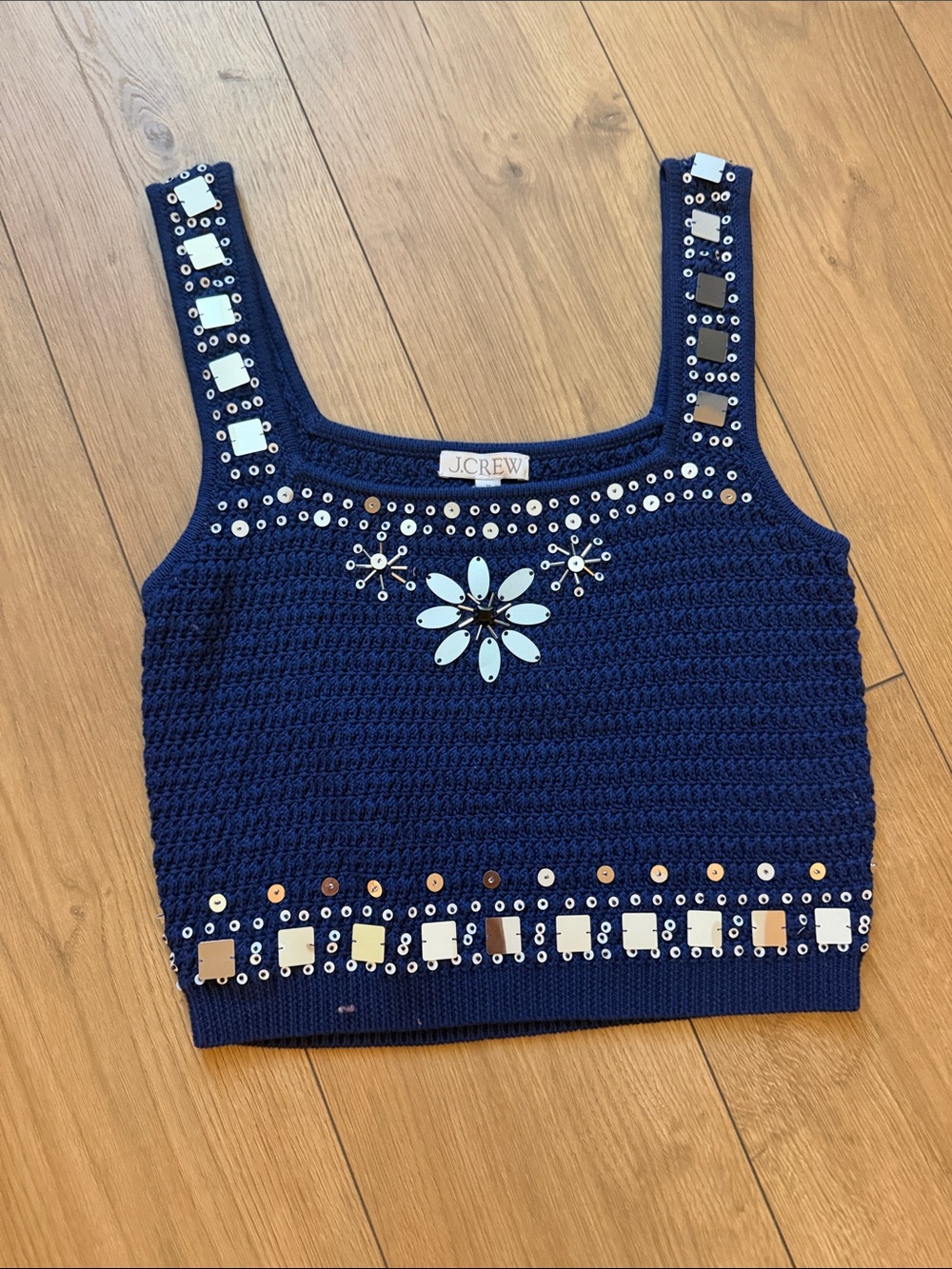J. Crew Navy Beaded Crochet Tank